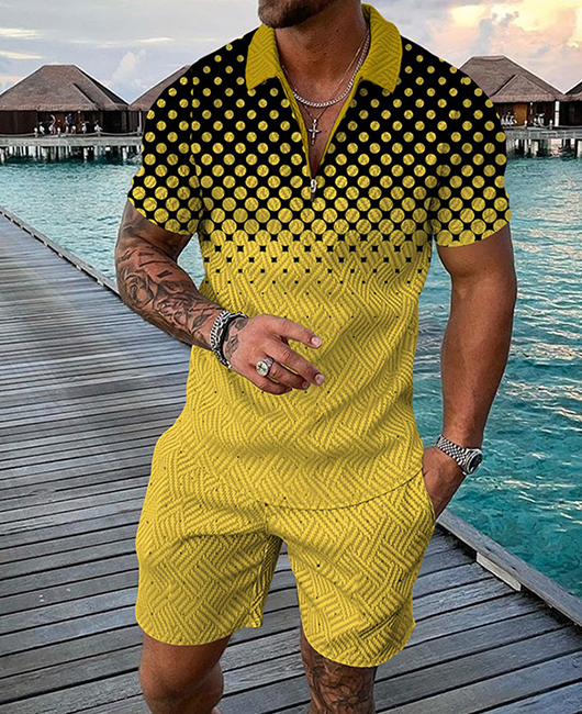 Casual Digital Print Zipper Short Sleeve Polo Shirt & Shorts 2Pcs Set