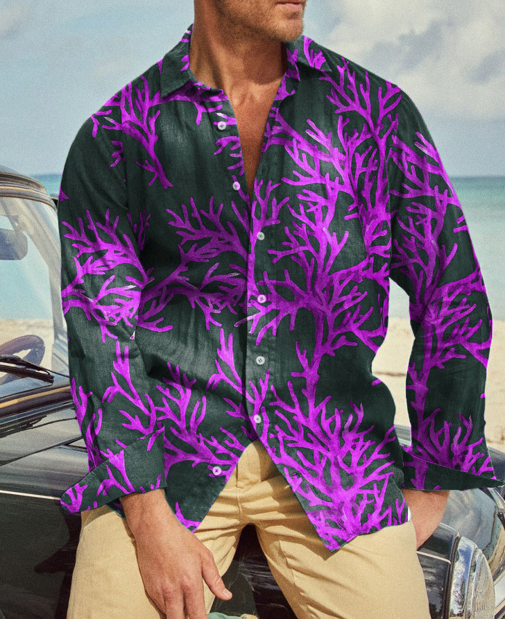 Casual Coral Print Lapel Collar Long Sleeve Button Shirt