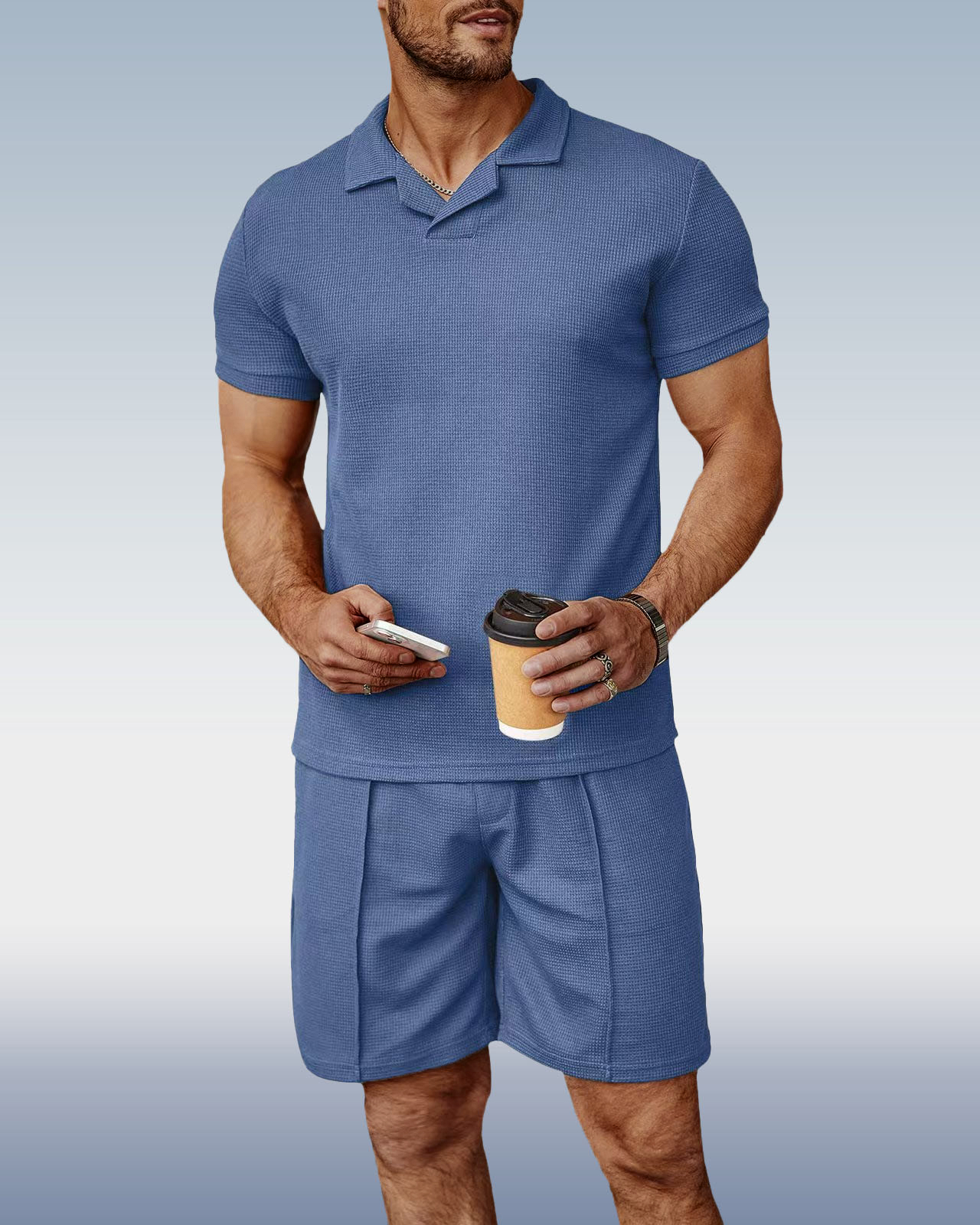 Men's Blue Knit V-Neck Polo Shirt
