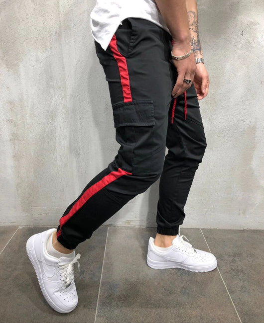 Patched Pocket Side Striped Drawstring Casual Cargo Pants