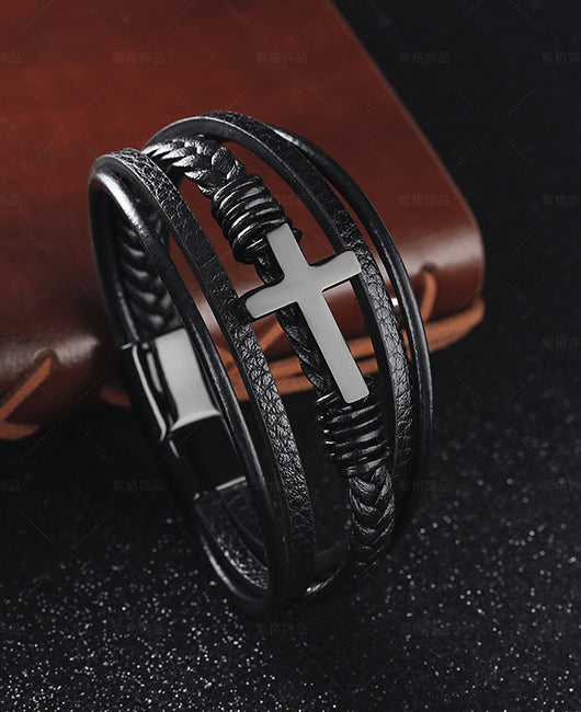 Casual Crucifix Decor Braided Stack Leather Bracelet