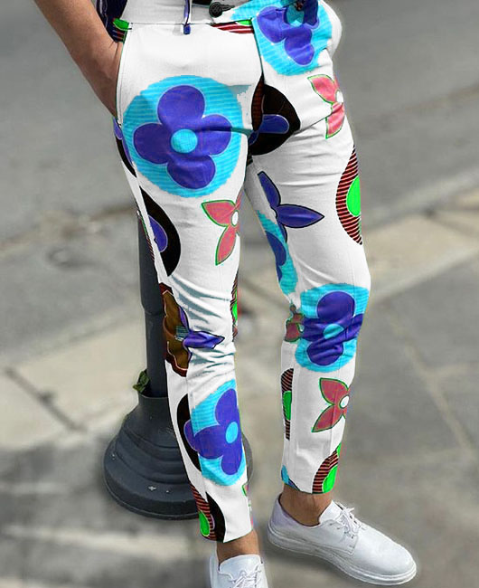 Casual Floral Print Pocket Slim Fit Straight Pencil Pants