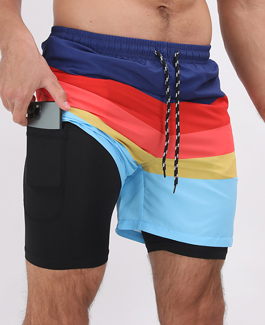 Vacation Casual Striped Print Elastic Waist Drawstring Shorts With Phone Pockets