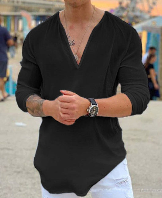 Men Solid Color V Neck Long Sleeve T-shirt
