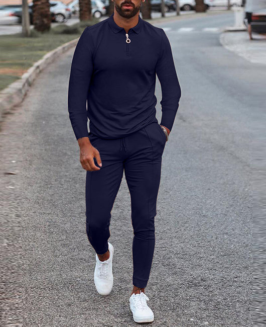 Solid Color Zipper Long Sleeve Shirt & Drawstring Pants