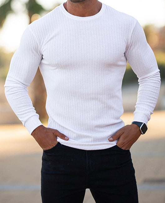 Rib-knit Plian Crew Neck Casual Knit Shirt
