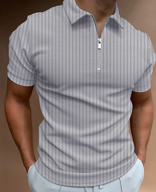 Basic Plain Vertical Stripe Lapel Neck Half Zip Short Sleeve Polo Shirt