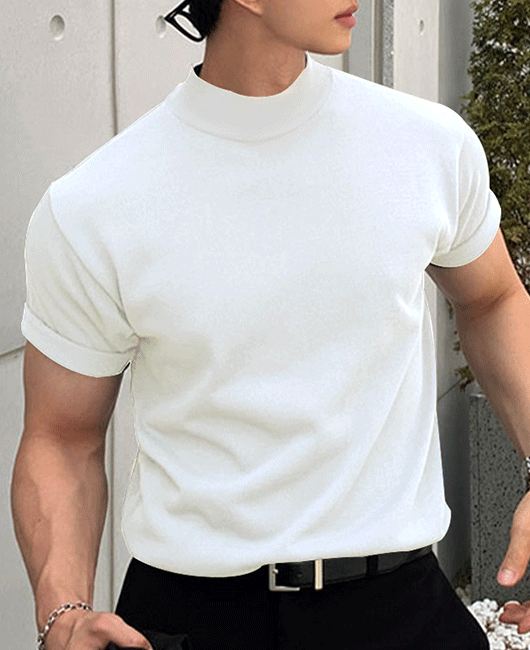 Casual Solid Color Mock Neck Short Sleeve T-Shirt