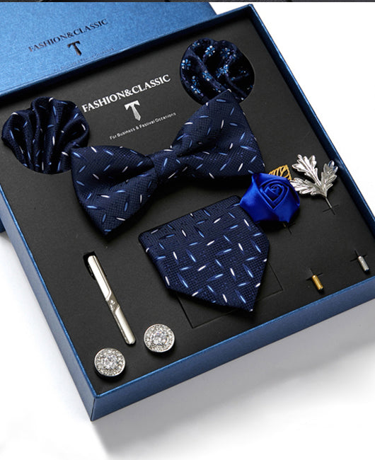 Business Allover Print Tie & Scarves & Cufflinks & Bow Tie & Brooch & Tie Clip 8Ps Set