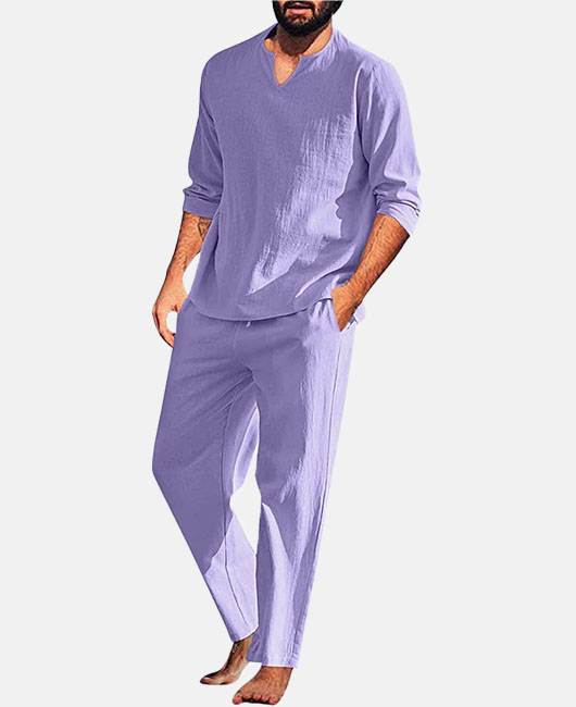 Minimalist Plain Notch Collar Long Sleeve Shirt & Drawstring Lounge Pants 2Pcs Set