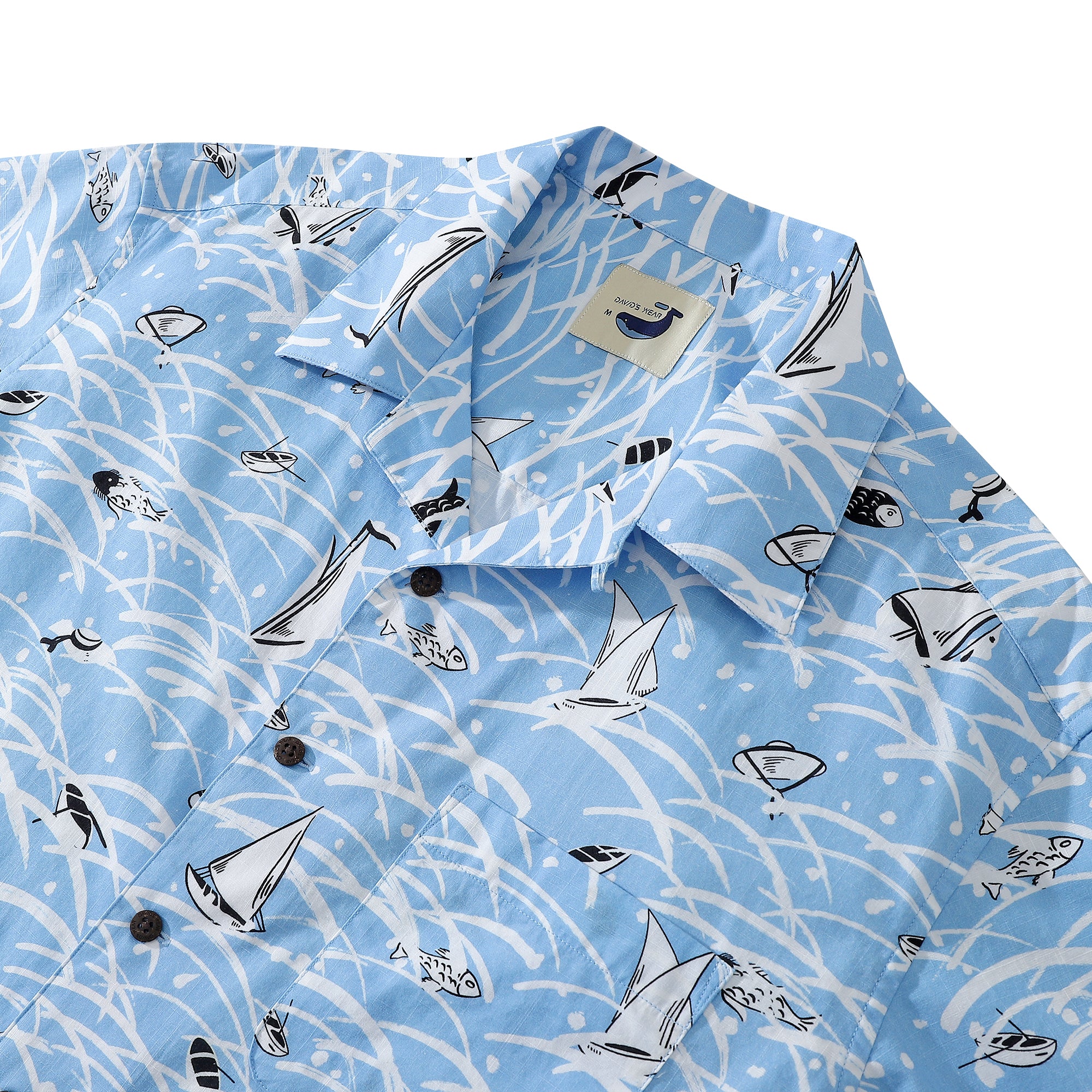 Fish Leaping Over The Sea Sailboat Light Blue Men's Camp Shirts 100% Cotton