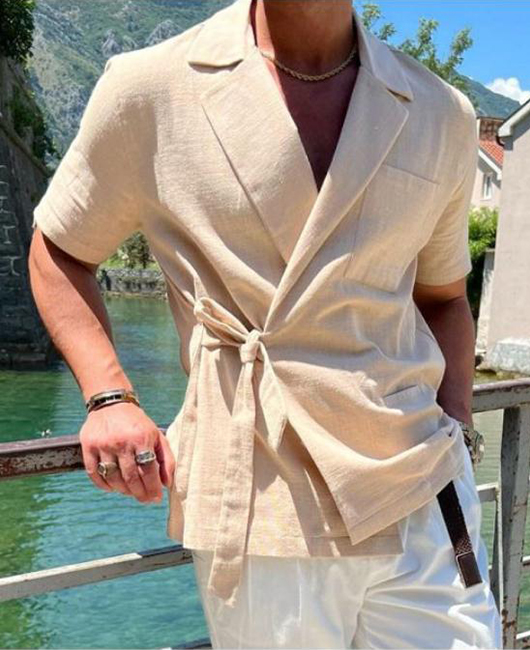 Casual Plain Notch Lapel Tie Front Short Sleeve Linen Shirt