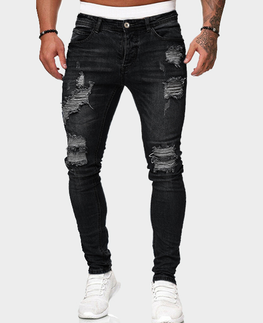 Denim Casual Plain Light Washed Ripped Denim Pencil Pants