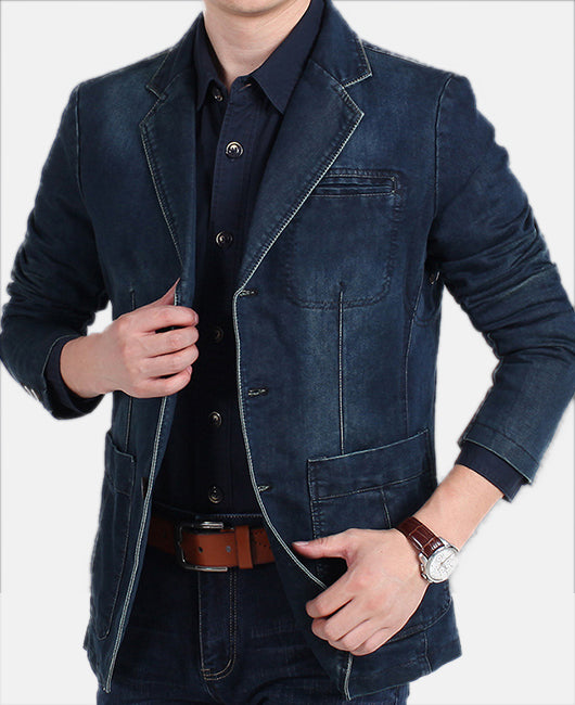 Solid Denim Lapel Neck Blazer
