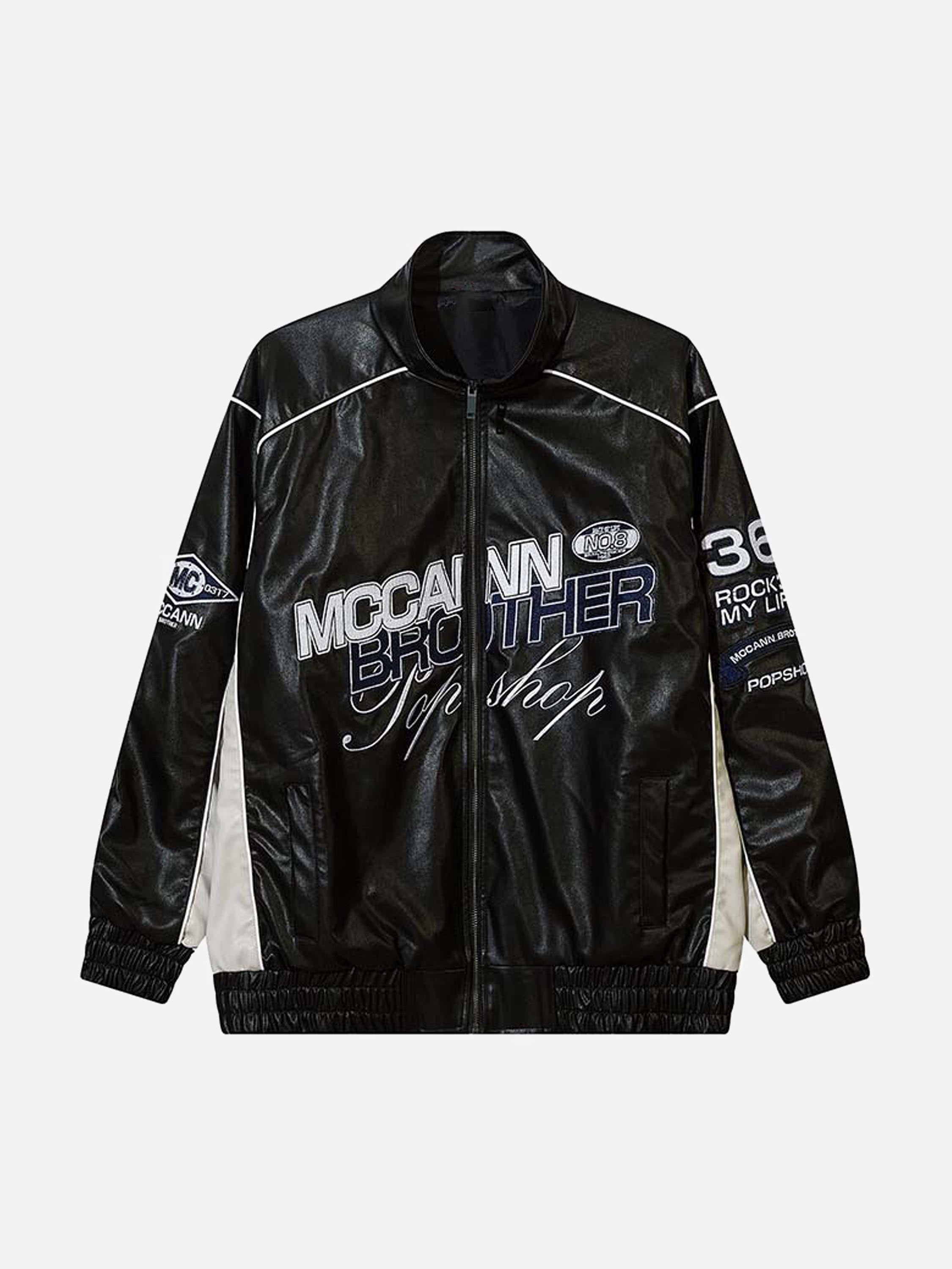 The Vimiaparty American Letter Embroidery PU Leather Patchwork Leather Jacket