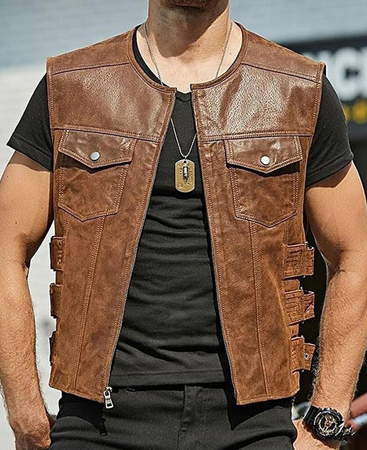 Fashion Crew Neck Plain PU Leather Pocket Zipper Vest