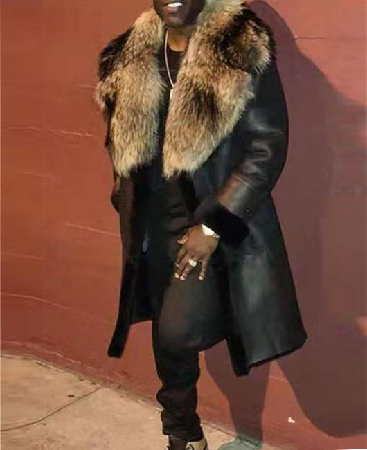 Fur Collar PU Leather Thermal Overcoat