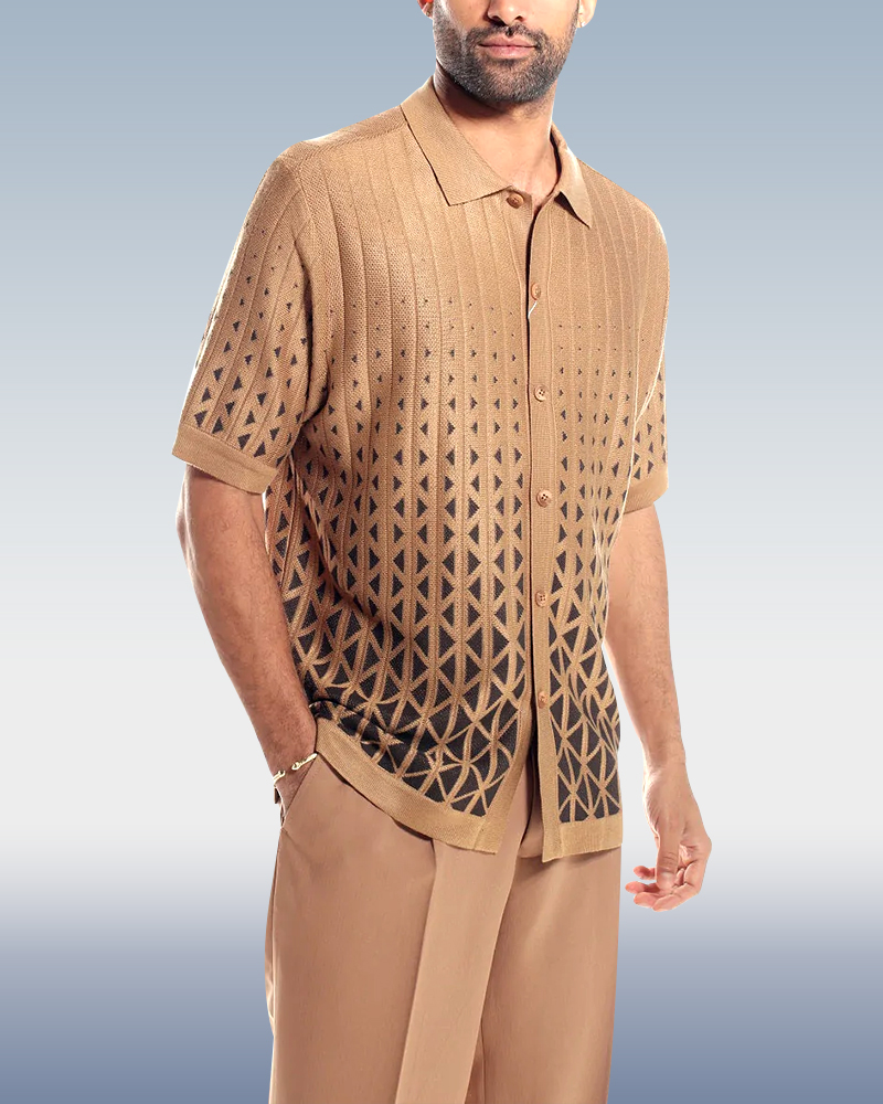 Cafe Criss-Cross Pattern Walking Suit Short Sleeve Set
