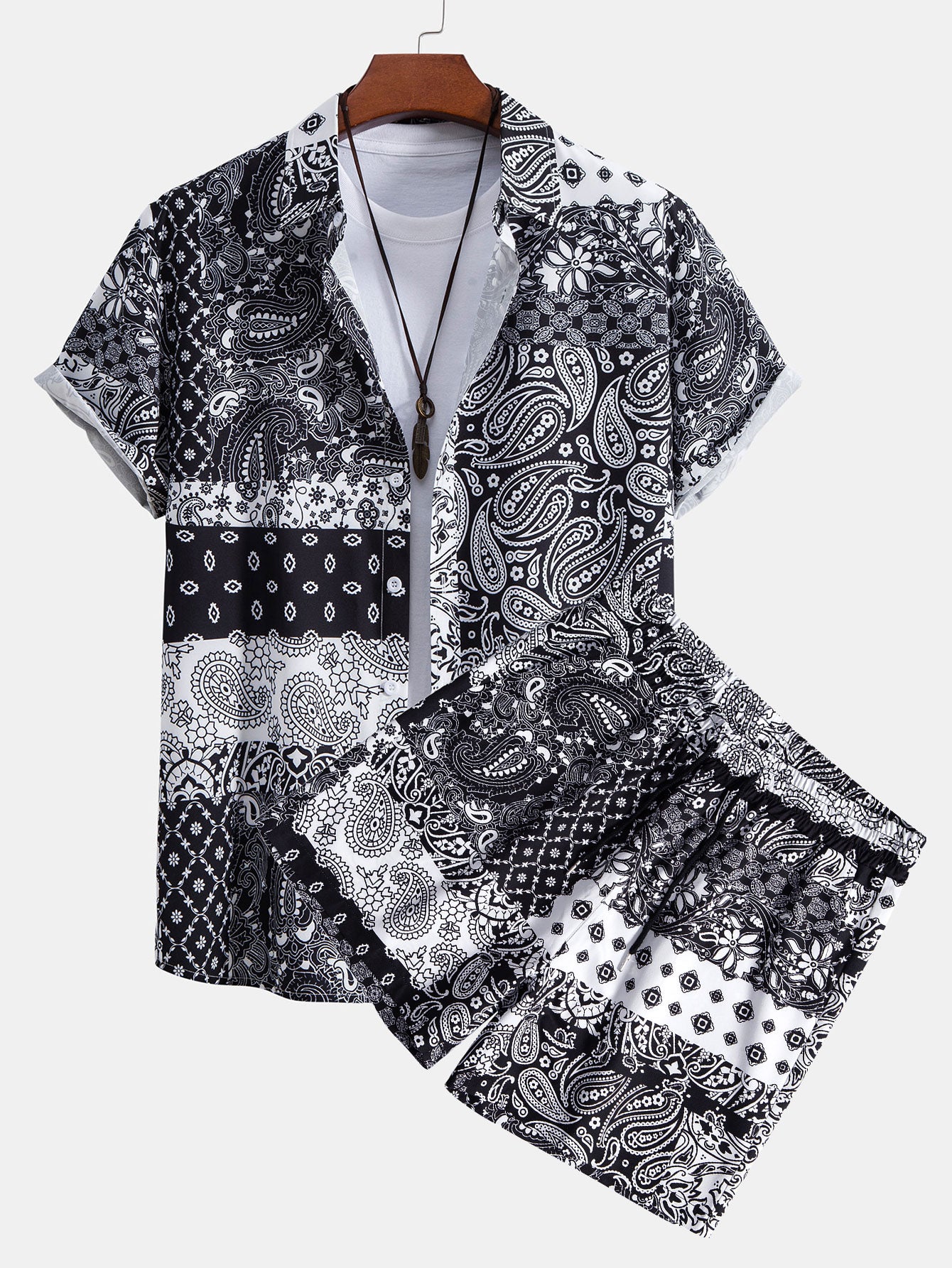 Paisley Floral Patchwork Print Button Up Shirt & Shorts