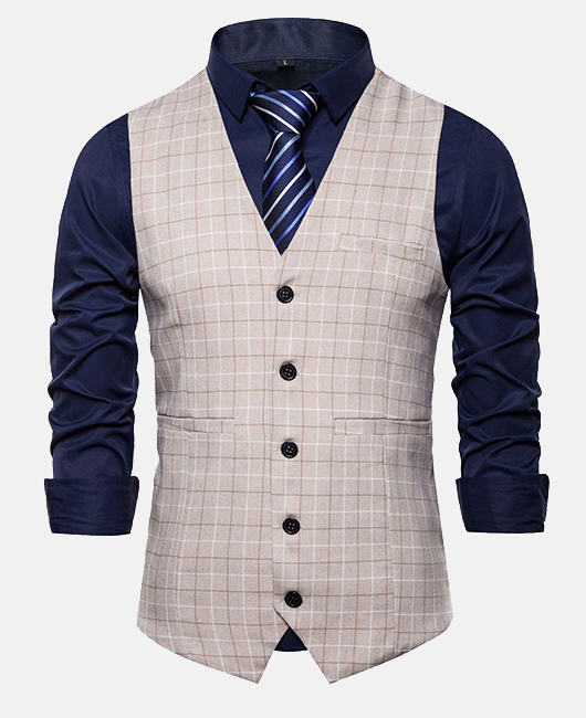 Fashion Plaid V Neck Single Breasted Slim Fit Blazer Vest