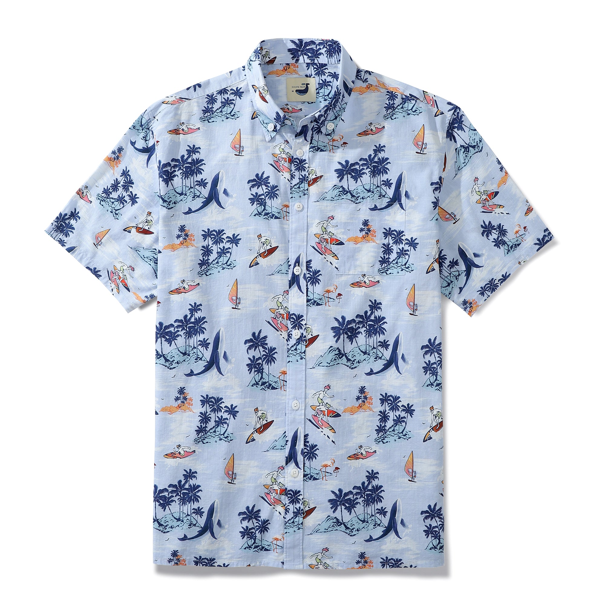 Surf Boy And Whale Light Blue Men's Button-down Shirt 100% Cotton