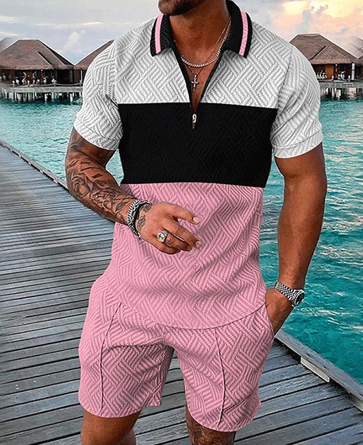 Casual Contrast Color Zipper Lapel Collar Short Sleeve Polo Shirt & Shorts 2Pcs Set