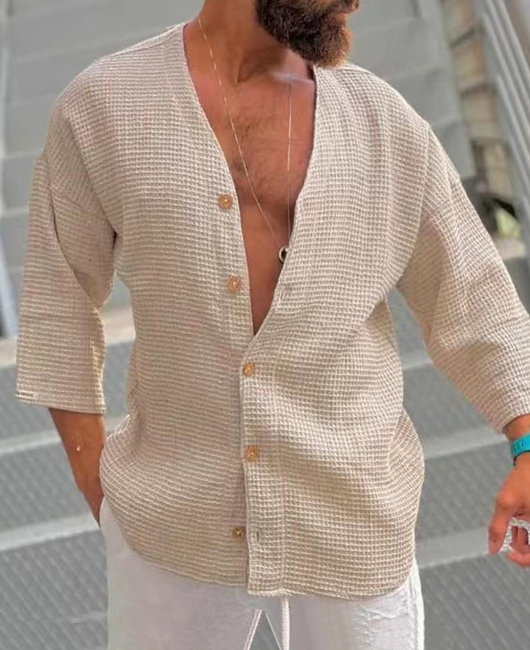 Casual Plain Waffle V-Neck 3/4 Sleeve Loose Button Shirt
