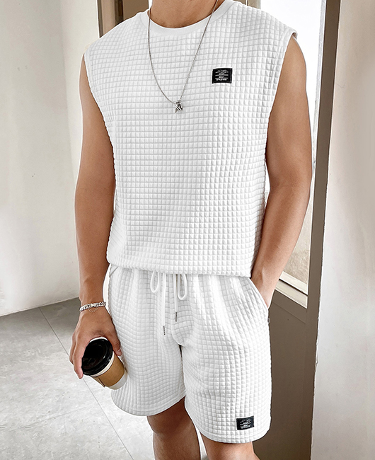 Sporty Plain Gingham Sleeveless Loose Tank Top & Drawstring Shorts 2Pcs Set