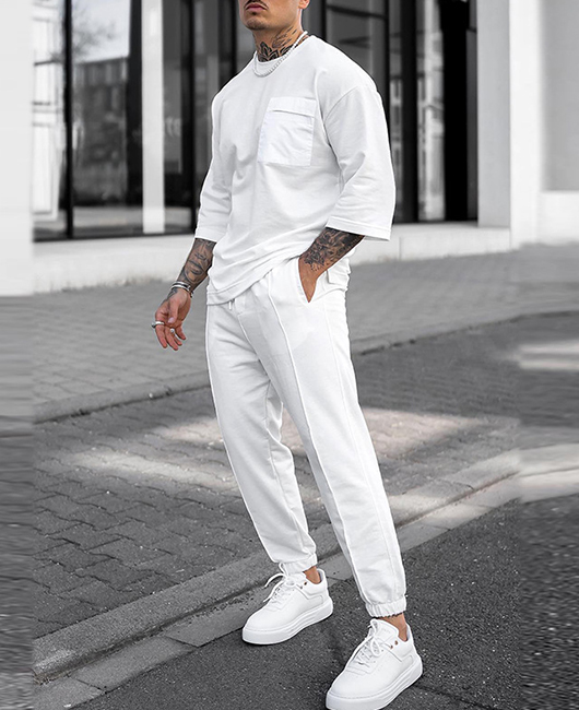 Sporty Plain 3/4 Sleeve Loose Chest Pocket Shirt &  Drawstring Jogger Pants 2Pcs Set