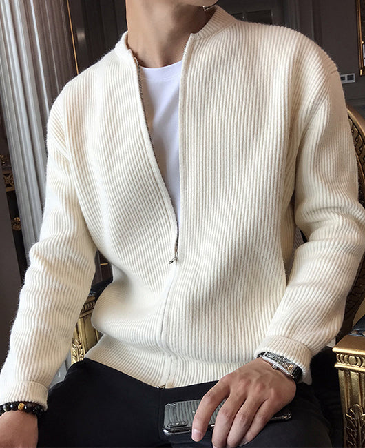 Men Ribbed Zip Up Knit Coat