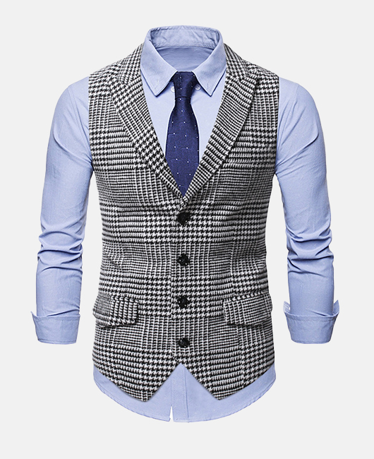 Business Houndstooth Lapel Collar Single Breasted Blazer Vest