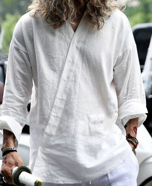 Minimalist Plain Loose Surplice Neck Long Sleeve Button Shirt