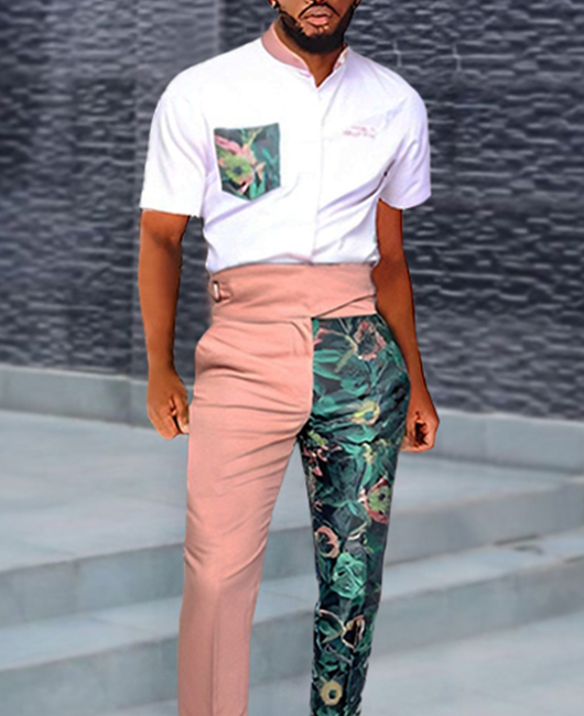 Fashion Foliage Print Stand Collar Short Sleeve Shirt & Straight Pants 2Pcs Set