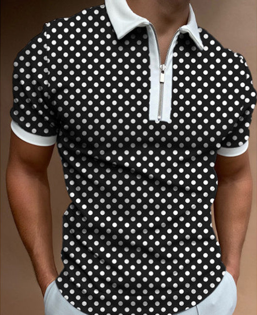 Casual Polka Dot Print Spliced Half Zip Short Sleeve Polo Tee