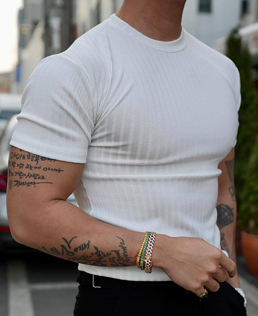Sporty Plain Crew Neck Short Sleeve Slim Fit Pit Strip Shirt