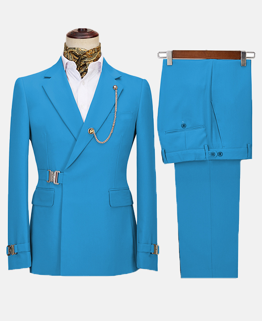 Elegant Solid Color Notch Lapel Slim Fit Buckle Blazer & Pants 2Pcs Set