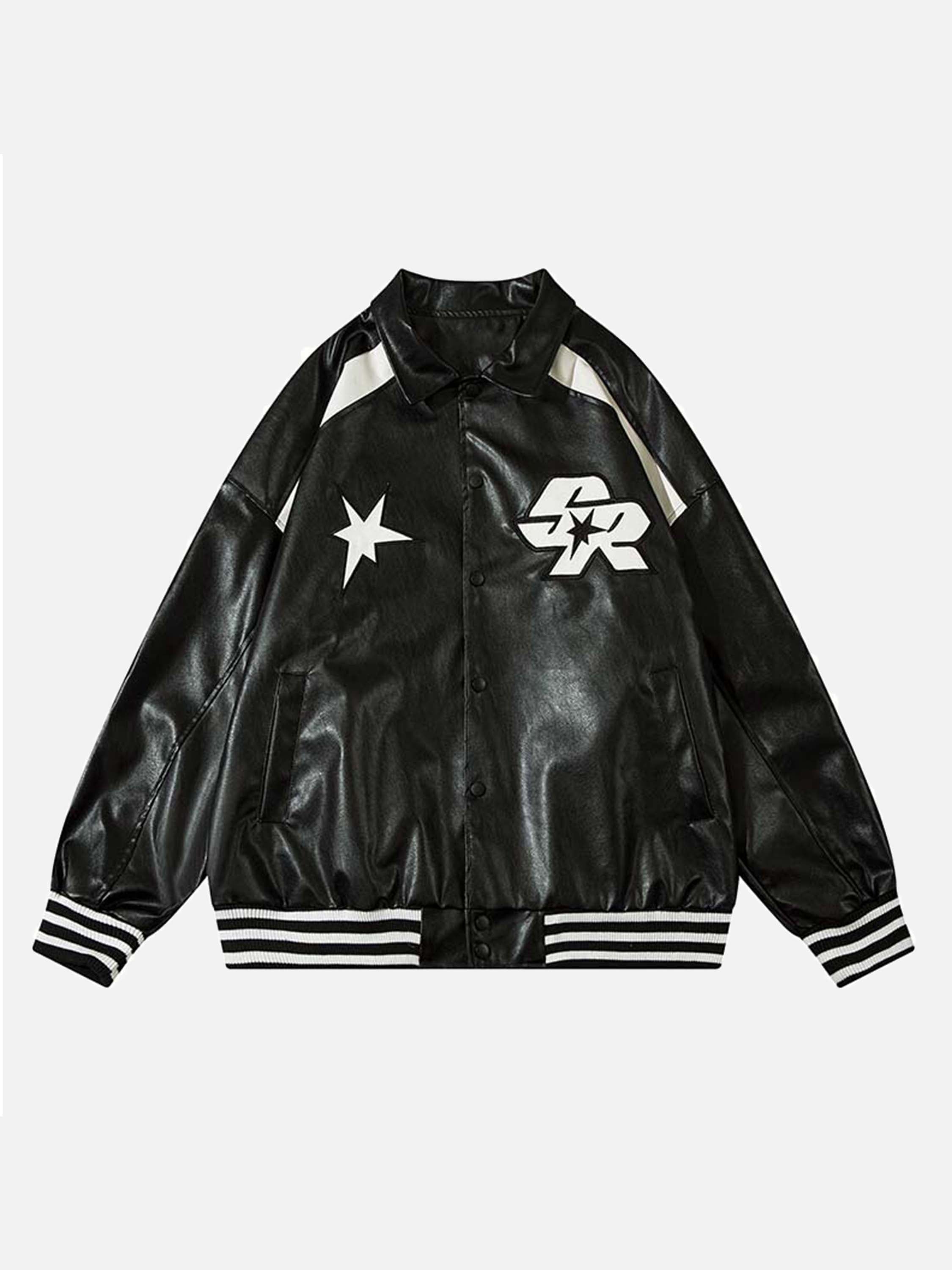 The Vimiaparty American Vintage Pu Leather Embroidered Stars Patchwork Color Blocking Jacket