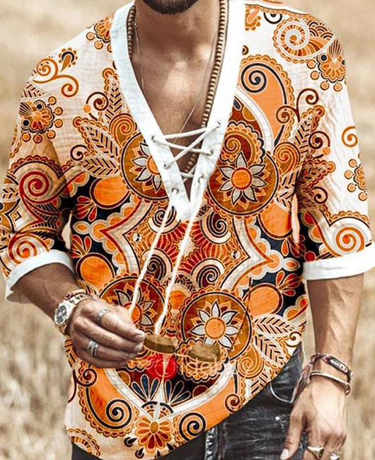 Casual Tribal Print Lace Up V Neck Half Sleeve Loose Shirt