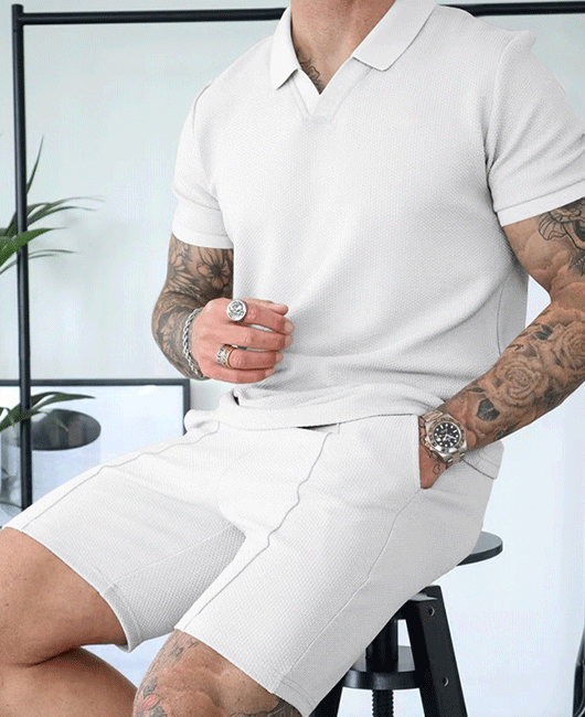Casual Plain Waffle Short Sleeve Polo Shirt & Shorts 2Pcs Set