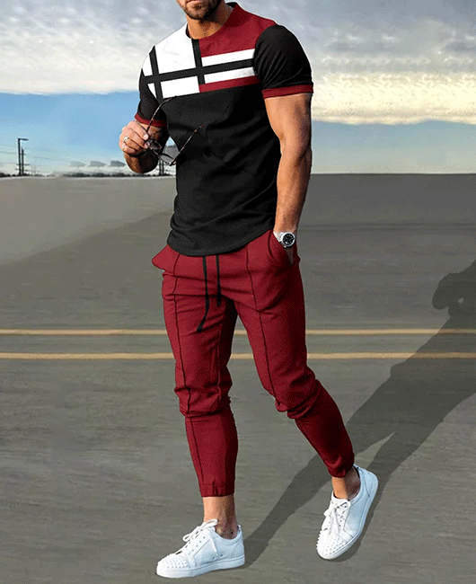 Casual Color Block Short Sleeve Shirt & Drawstring Pants 2Pcs Set