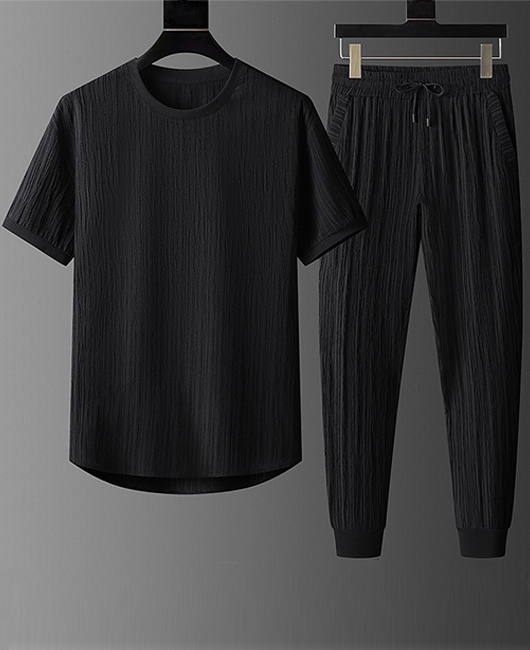 Casual Plain Ice Silk Wrinkled Shirt & Jogger Pants 2Pcs Set