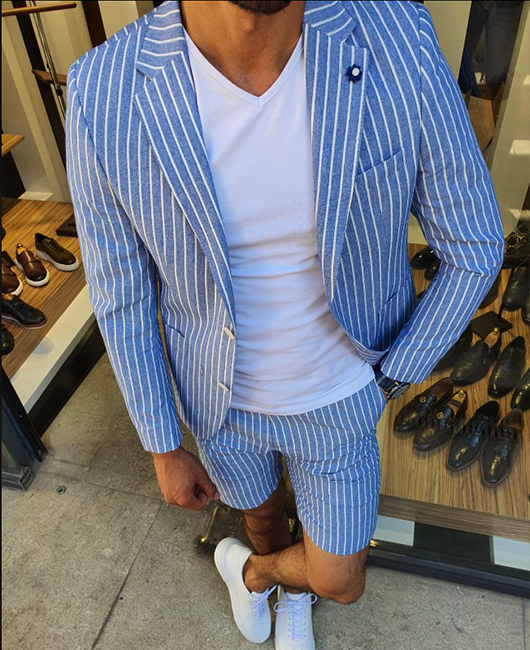 OK Casual Vertical Stripe Notch Lapel Two Button Blazer & Shorts 2Pcs Set