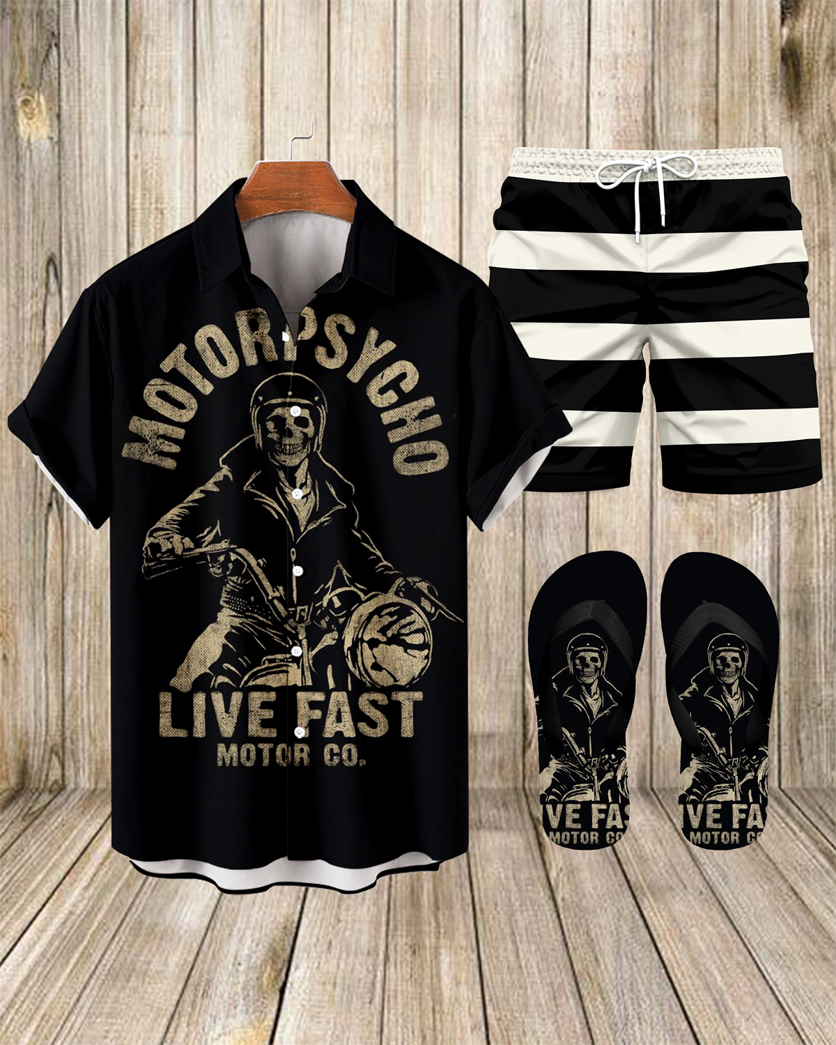 Men's Modified Motorcycle Print Shirt Three-Piece Set 065