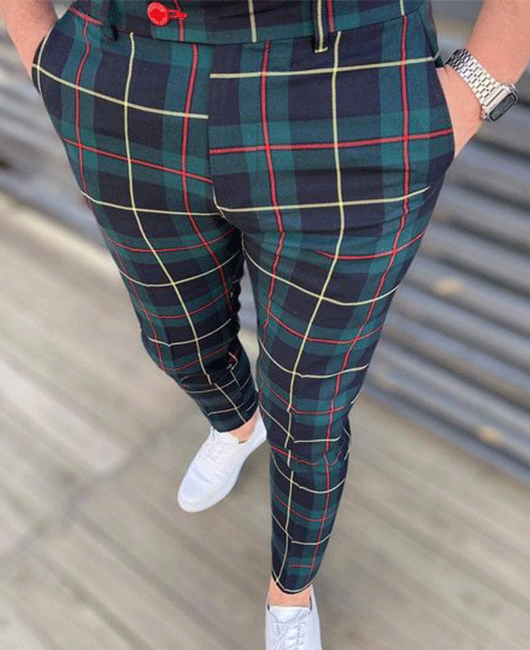 Classic Plaid Pocket Skinny Straight Pencil Pants