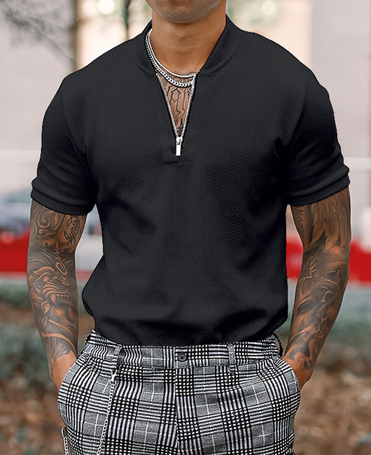 Casual Chevron Pattern Zipper Short Sleeve Polo Shirt