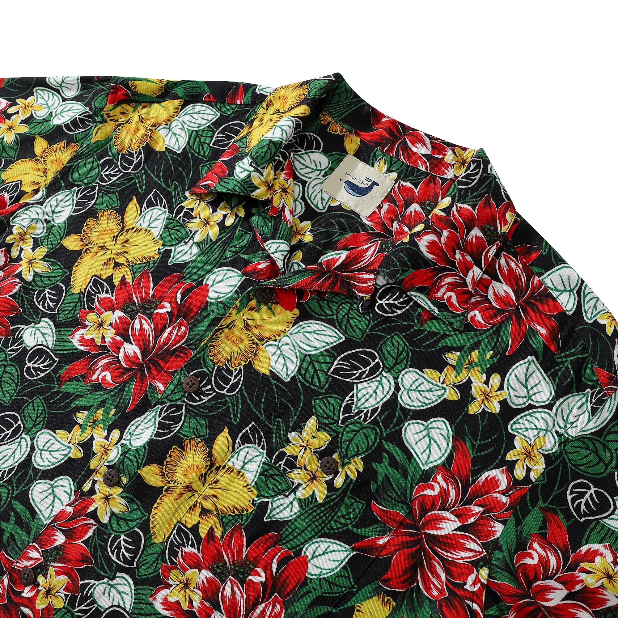 Tropical Flowers Vintage Yuppie Style Red And Green Rayon Shirt Camp Collar