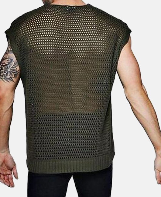 Casual Plain Crew Neck Cap Sleeve Mesh Hollow Shirt