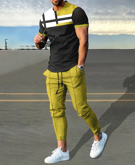 Casual Color Block Short Sleeve Shirt & Drawstring Pants 2Pcs Set