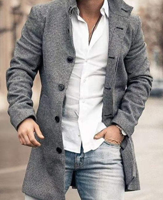 Textured Solid Stand Collar Causal Overcoat