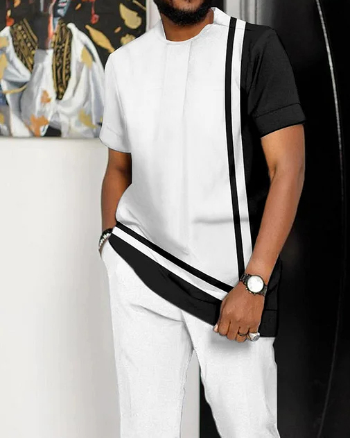 Men's White Printed Short Sleeve Suit 2 Colors 163
